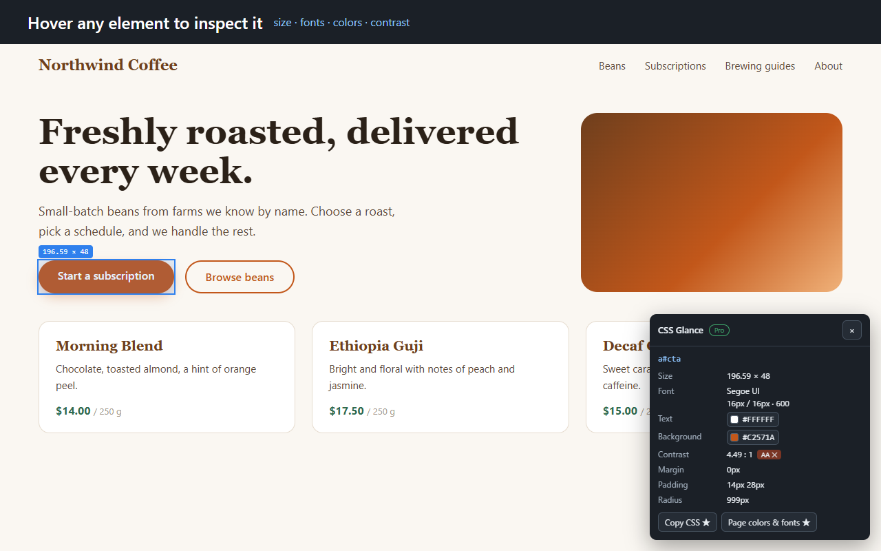 CSS Glance の画面(見本のサイトの上で、画面の文言は英語です)。ボタンにマウスを乗せると、大きさ・フォント・文字色と背景色・コントラスト比・余白・角の丸みがパネルに表示される